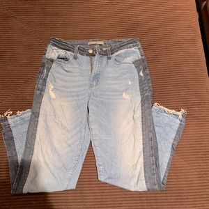 Blue color block distressed jeans